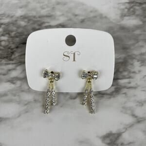 H0026 Sparkling Bowknot Tassel Earrings Gold Tone